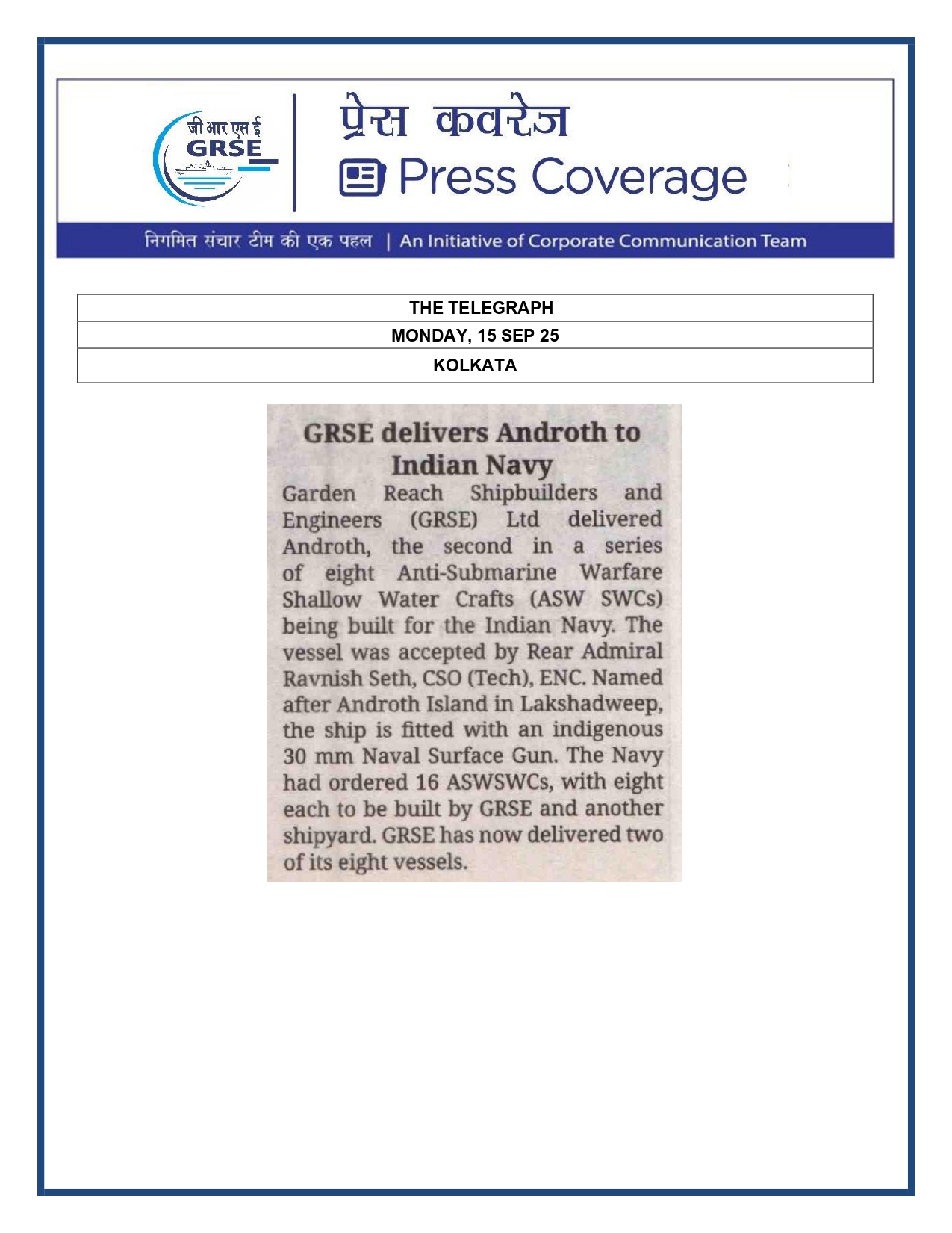 Press Coverage : 15 Sept 25:THE STATESMAN